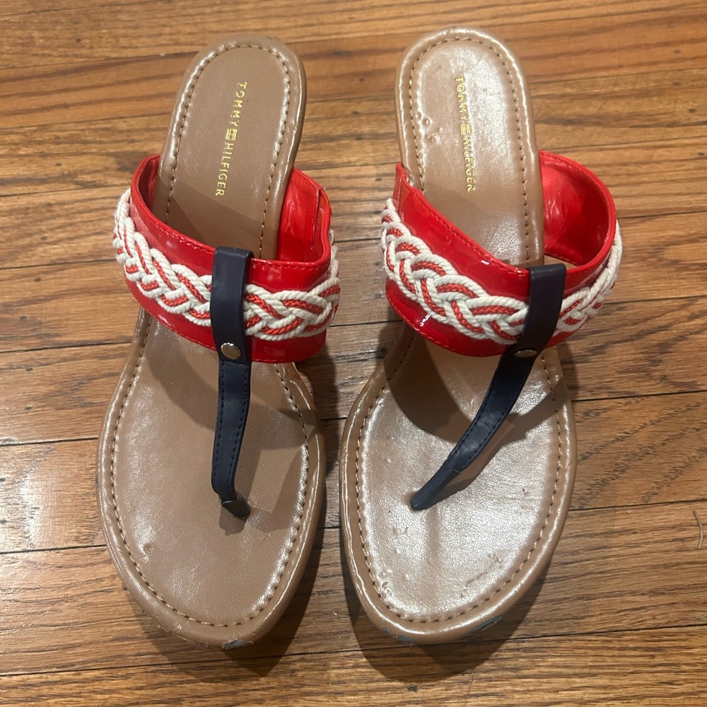 Tommy Hilfiger Red Braided Thong Wedge Sandals - Picture 2 of 5